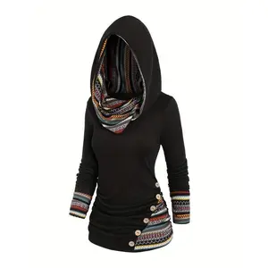 Women'S Fashion Hooded Sweatshirt, Long Sleeve Striped Patchwork Knit with Faux Buttons, Polyester 95% Spandex 5%, Fall/Winter Season, 180g/m² Fabric Weight