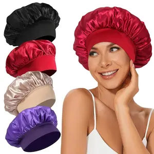 4Pcs Satin Bonnet Silk Bonnet, Hair Bonnet for Sleeping, Elastic Wide Band Silk Sleep Cap, Soft and Breathable (Black Red Purple Gold) No Brand