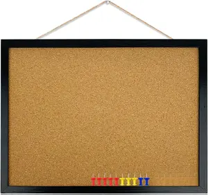 Black Cork Bulletin Board, 17.7 X 13.3 inches with Oak Wood Finish Frame, for Wall Office Home and School (Pins, Eye Bolts, gaskets, Screws)
