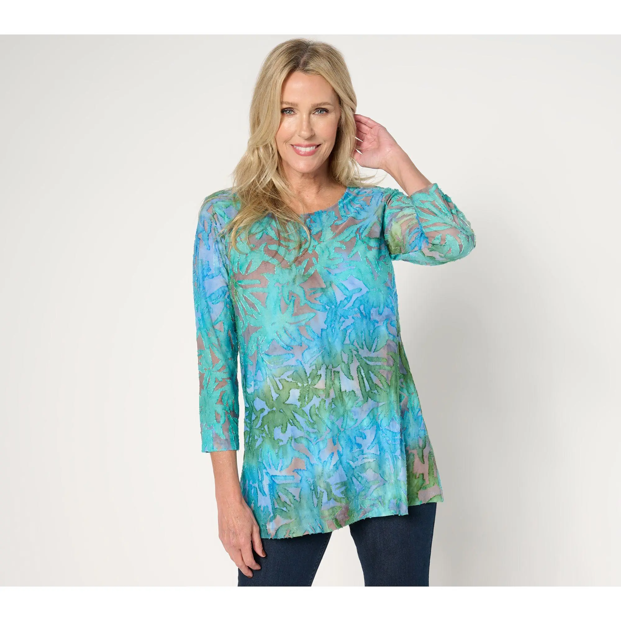 Susan Graver Weekend Petite Tie Dye Burnout 3/4 Sleeve A-Line Tunic