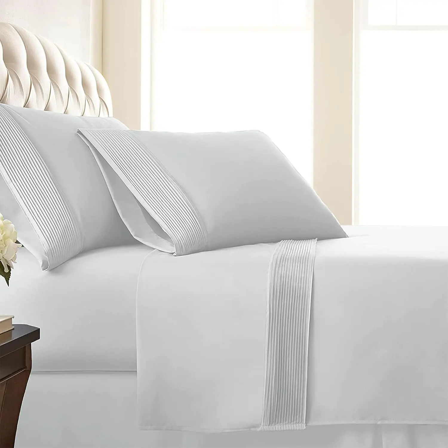 Vilano Pleats Queen Microfiber Bed Sheets Set - 21-Inch Extra Deep Pocket, 4-Piece with Flat Sheet & Pillowcases, Soft Breathable, Easy Care, Shrinkage-Free, White, Soft Breathable Sheet