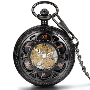 OIDEA Vintage Hollow Engraved Roman Numeral Skeleton Dial Manual Wind Mechanical Pocket Watch Antique Alloy