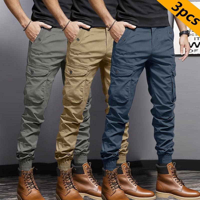 3 Pack Men's Heavyweight Multi-Pocket Work Pants with Large Cargo Pockets, Drawstring Elastic Waist Tactical Workwear - Regular Fit All Season Soldier Style, Suitable for Halloween Parties & Everyday Wear/Hiking/Construction Work - Durable Non-Stretch Fab