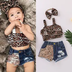 Ma&Baby Toddler Baby Girl Leopard Outfits Ruffle Sleeveless Crop Tops Sequin Denim Ripped Shorts Summer Clothes Sets