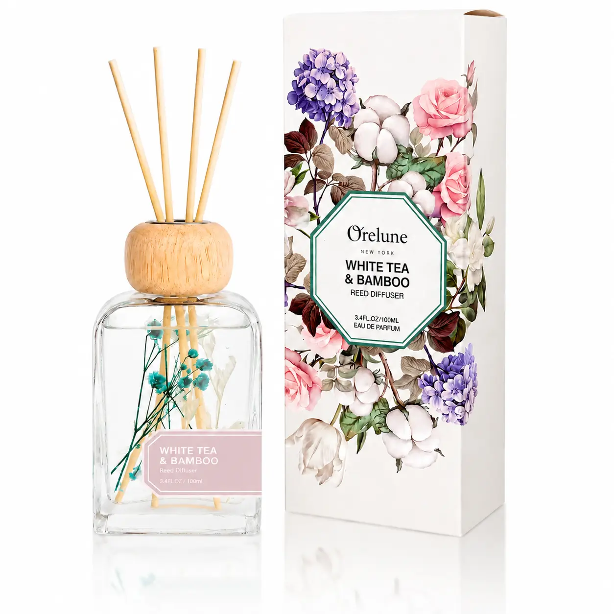 Orelune White Tea & Bamboo Reusable Liquid Reed Diffuser Aroma Incense Gift Set - 3.4 fl oz Oil, Decorative Glass Bottle with Sticks, Elegant Home Fragrance Accessory, Single Unit for Daily Birthday Gifting