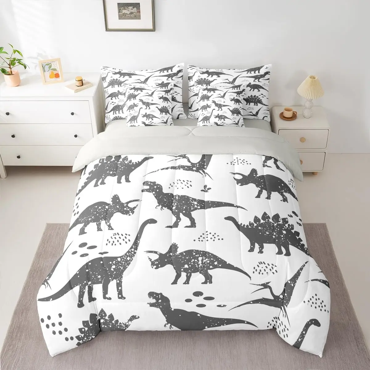 Boys Dinosaur Comforter Set with Sheets 7 Piece Jungle Dino Bedding Set Cute Animal Print Bed in a Bag Room Decor Lightweight Microfiber
