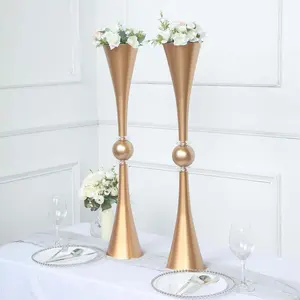 2 Pack 31" Shiny Gold Crystal Embellishment Trumpet Flower Vase, Reversible Plastic Table Centerpiece
