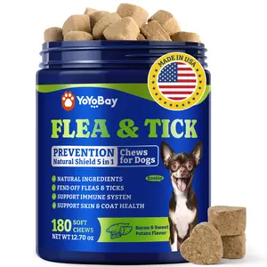 YoYoBay Flea & Tick Support for Dogs Chews, 180 Soft Chews, Support with Shield 5-in-1 Blend, Neem & Coconut Oil, Natural Fleas and Ticks Protection, Skin & Coat Health Support, Bacon & Sweet Potato Flavor