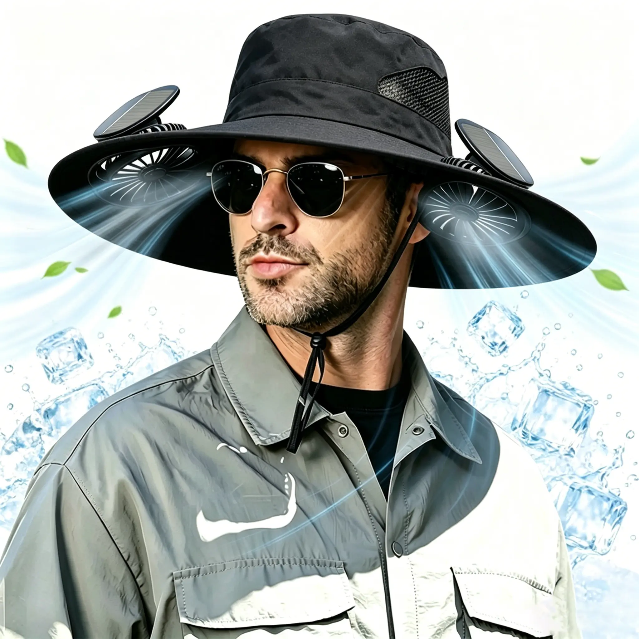 Built-in Fans Unisex Wide-Brimmed Hat - Lightweight Breathable Headwear, Cell-Powered Cooling Fan Hat, Adjustable Fit Headband, Sun Protection for Hiking, Fishing