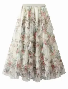 Floral Tiered Tulle Skirt - Beige and Black, Women's Skirt Womenswear Bottom paper bag Elegance Feminine Flowy