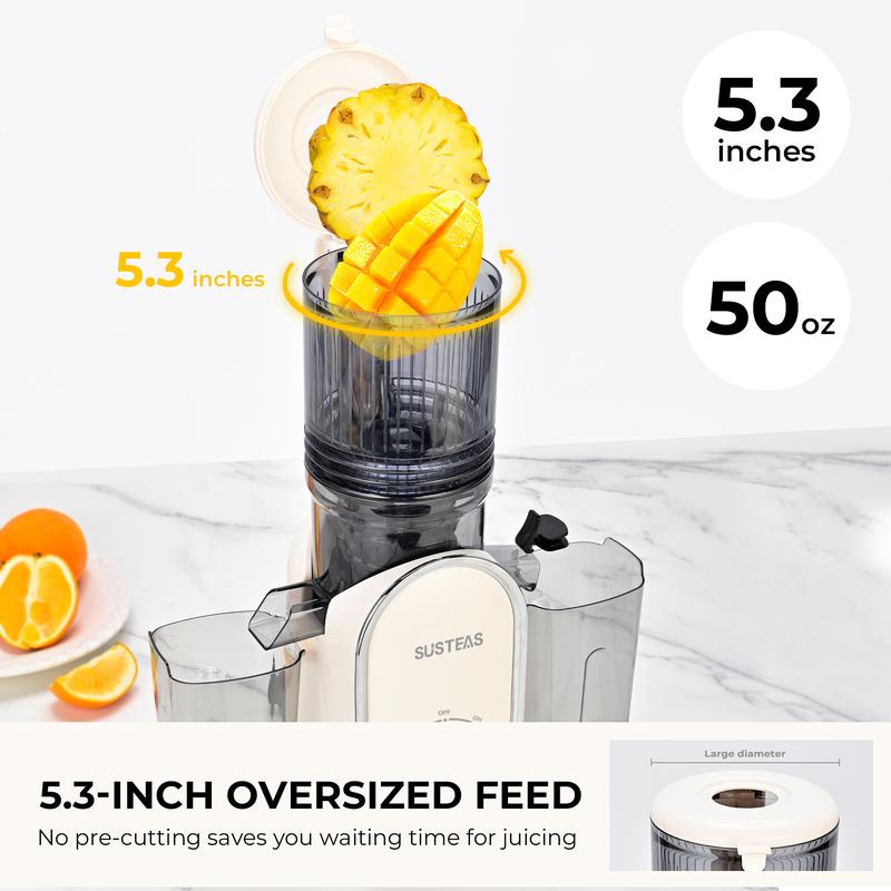 SUSTEAS Cold Press Juicer Large Inlet 5.3" Feed Chute Slow Masticator High Yield 98% Juice Extractor Easy Clean Portable Blender for Whole Fruit Juicing