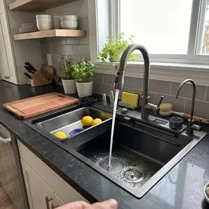 304 Stainless Steel Nano Black Multifunction Kitchen Sink Set With Waterfall Faucet & Glass Washer Undermount Workstation Sink Utensils