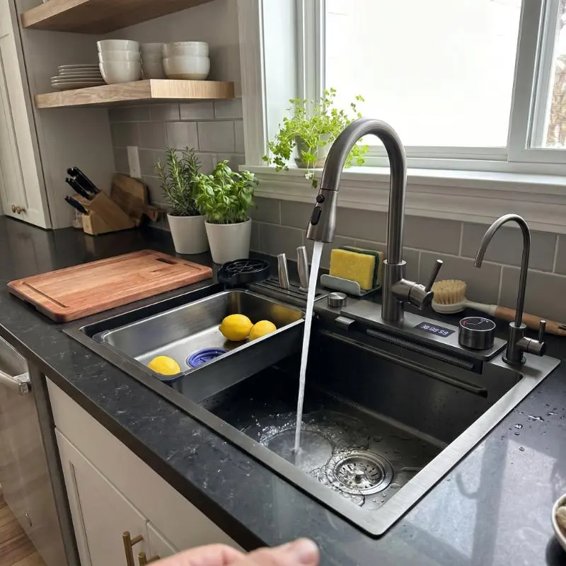 304 Stainless Steel Nano Black Durable Corrosion-Resistant Handmade Undermount-Top Mount Kitchen Workstation Sink Set, Waterfall Faucet, Glass Washer Utensils for Home Kitchen Renovation Kitchen Sink
