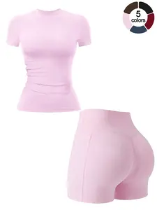 Women Summer Two Piece Set Solid Color Short Sleeve Shorts High Elastic Comfortable Sports Suit Waist Tummy Control Hip Lifting Yoga Outfit Gym Beach Outdoor Running Breathable T Shirt Pool Party Sportswear Set, Workout Running Outfits