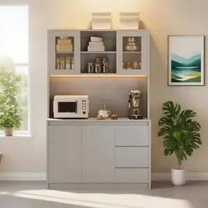 Pantry Cabinet Grey Tall Kitchen Storage 71 Inch Adjustable Shelves Doors Microwave Shelf LED Lights Charging Station Corner Hutch