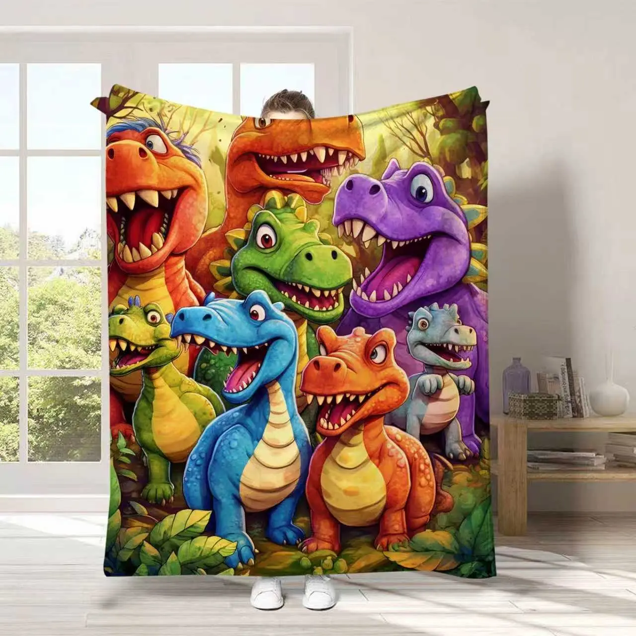 Cute Smiling Dinosaur Print Blanket, Soft Flannel Fabric, Modern Animal Theme, Animal Blankets, All-Season Comfort, Light Weight, Perfect for Naps and Christmas Gifts, Cozy Warm Blanket, Soft Lightweight Blanket