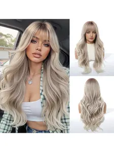 Barbie Style Long Wavy Platinum Blonde Full Lace Wig with Straight Bangs for Women Synthetic Fiber Heat Resistant Cosplay Halloween Party Costume Accessory Artificial Wig