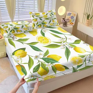 3Pcs Lemon Floral Print Fitted Sheet Set, Fresh Yellow Lemon Bed Sheet Set, Botanical Bedding Set with Pillowcases, No Fillers, Green Leaves Plants Deep Pocket Sheet for Women Teens Summer Bedroom Decor
