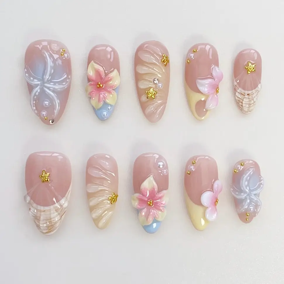 Starfish Bloom Elegance Press On Nails Short Almond Nails/Flower Nails/Yellow Nails/Spring Summer Nails/Shell Nails/Birthday Nails