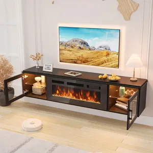 【2 Packages Shipping】oneinmil 70" Floating TV Stand with 36" Electric Fireplace, High Gloss Finish Wall Mounted Fireplace Entertainment Center with Storage for TVs Up to 80", Black TV Stand and Black Fireplace