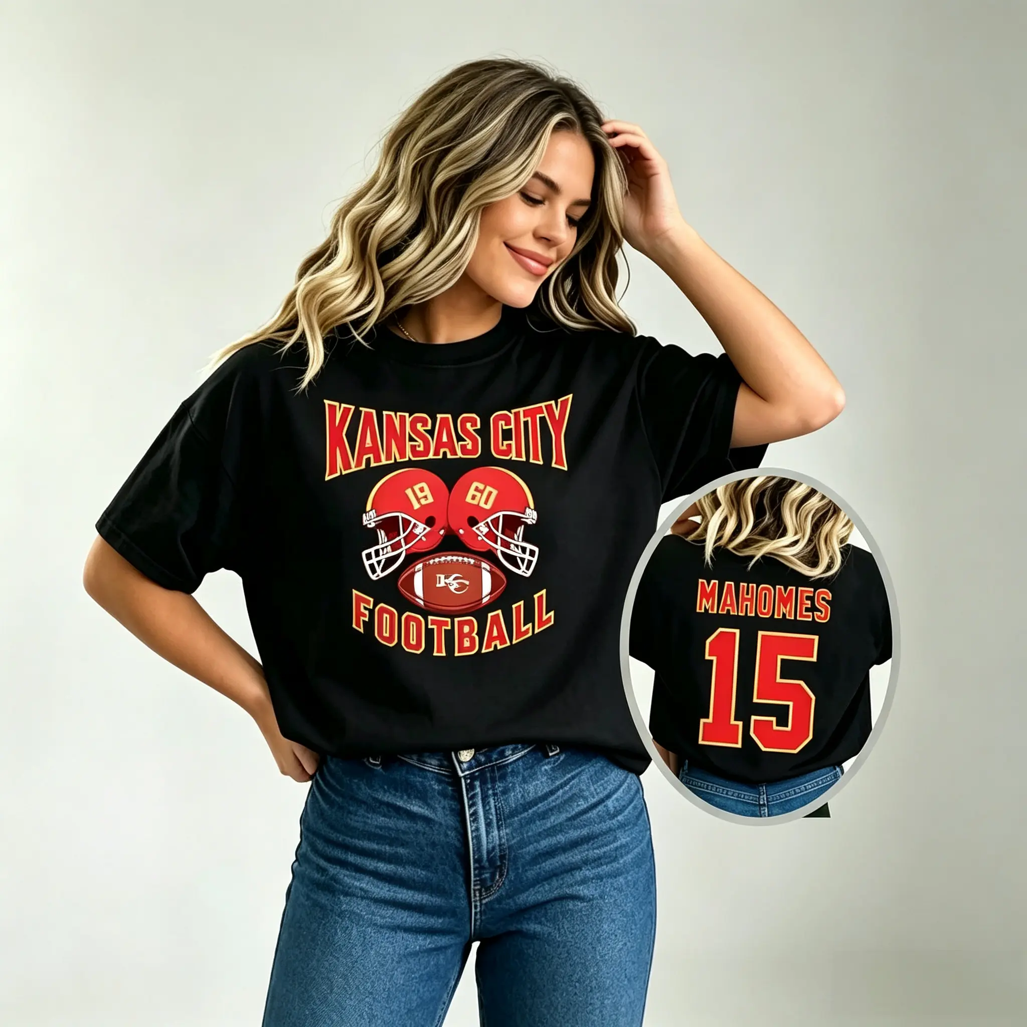 2 Sided Printing 15 Kansas City Football Shirt, Mahomes Fan Youth and Adult T-shirt Unisex Fan Tee