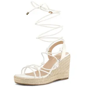 BLISSFUL STEP Women's Platform Square Toe Lace Up Espadrilles Heels Wedge Sandals