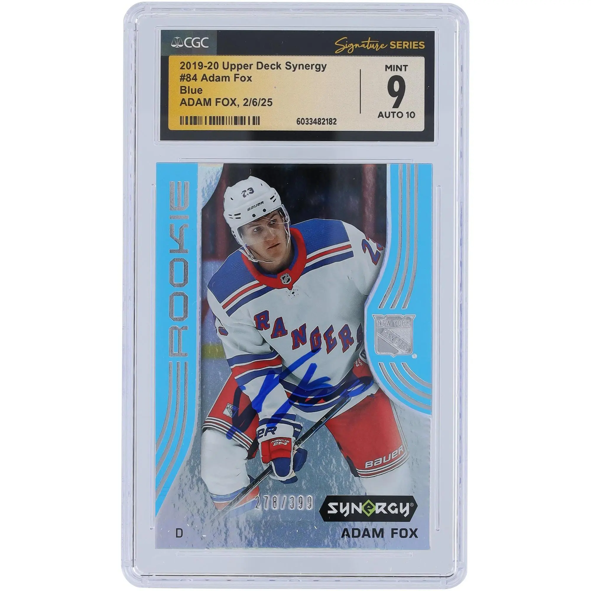 Adam Fox New York Rangers Autographed 2019-20 Upper Deck Synergy Blue #84 CGC Fanatics Witnessed Authenticated 9/10 Rookie Card - Fanatics Authentic Certified