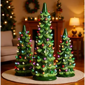 Set of 3 Christmas Trees with Lights, Vintage Tabletop Lighted Christmas Tree Hand Painted Table Decorations, Nostalgic Xmas Ornaments Gifts for Holiday Mantel Table Centerpieces Window Porch