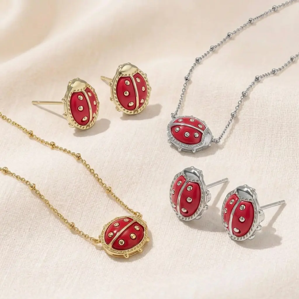 Kendra Scott Women's New Arrival Ladybug Collection Unique Minimalist Ladybug Themed Jewelry - Pendant Necklace, Stud Earrings, Ring, Collarbone Choker Trendy Fashion Ladies Accessory, Premium Jewelry for Daily Wear, Date, Party, Gifting, Casual Occasion