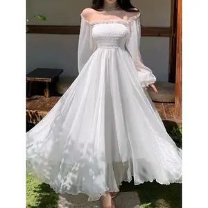 Elegant Maxi Dresses For Women White Off Shoulder Puff Long Sleeve Elastic High Waist Party Gown Ruffle Holiday Dress