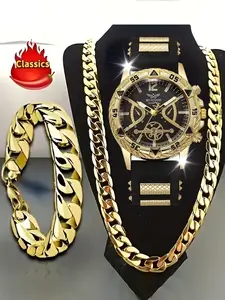 3counts gold and silver dual color optional exquisite light luxury men's quartz watch paired with bracelet necklace three piece set for precise timekeeping, business casual daily wear, gift for boyfriend and father, suitable for holiday gifts