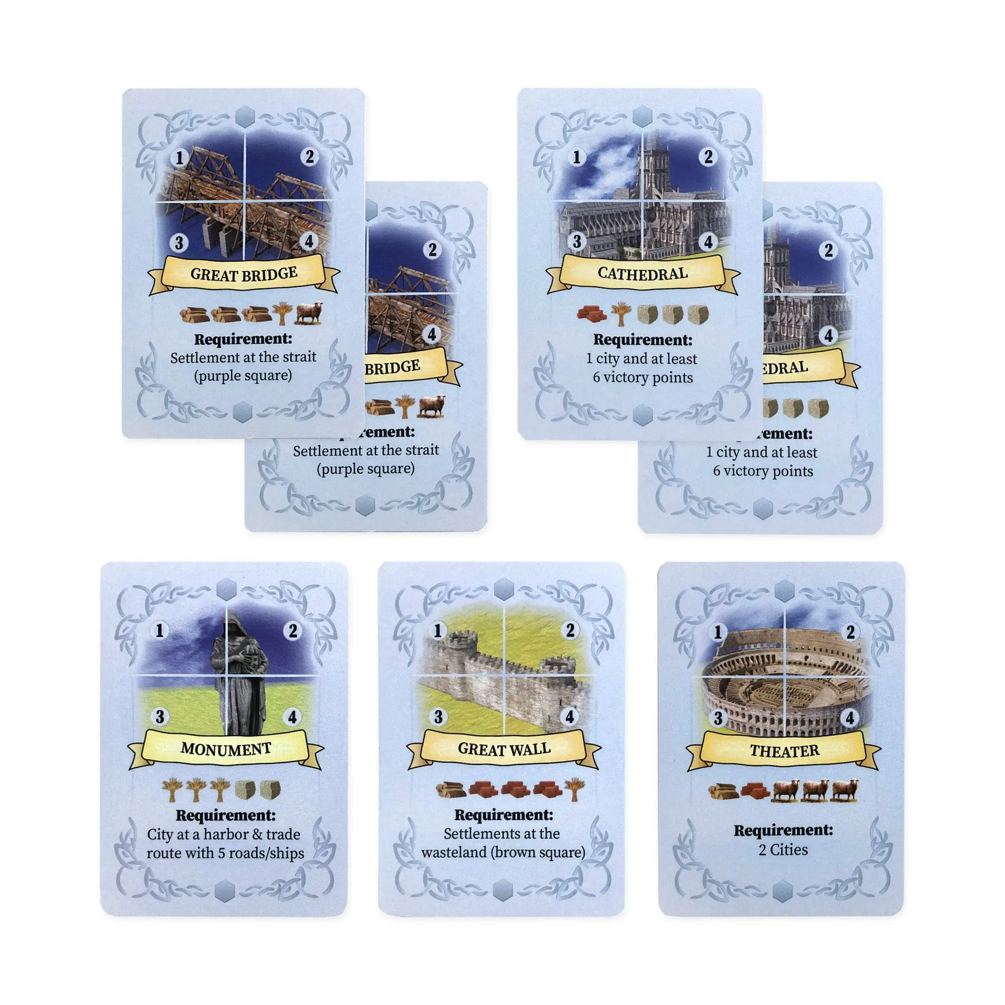 World Wonders Replacement Cards compatible with Catan's The Wonders of Catan Seafarers Scenario. Compatible with 3-4 and 5-6 Player Extension