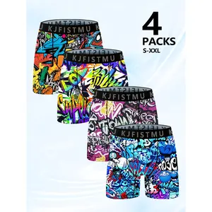 4pcs Men's Boxer Briefs Set with Cool Graffiti Patterns And Stretchy Material, Soft, Comfortable And Breathable, Suitable for Fitness And Daily Wear, Loose Boxers for Men,Lounge Wear, Activewear Essentials, Trendy Underwear, Urban Fashion, Soft Fabric