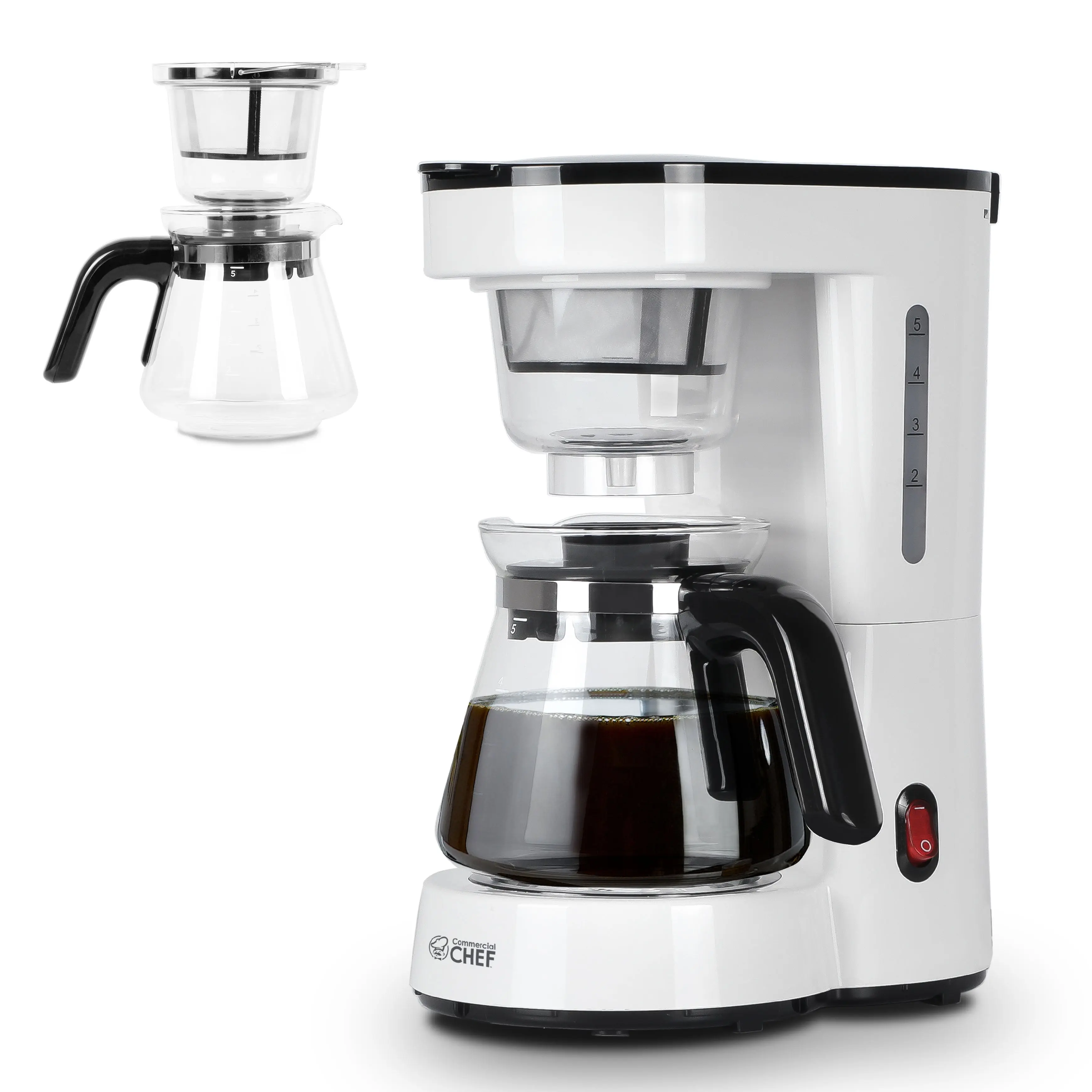 Commercial Chef 5-Cup Small Drip Coffee Maker with 0.75L Water Tank, Drip Coffee Maker with Pour Over Filter, Glass Carafe, Brews in 6 Minutes, CHCP05W, White