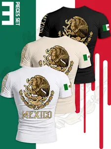 Men's 3-Piece Short Sleeve T-Shirt Set, Mexican Emblem Print, Soft Fabric, Long Loose Fit, Ideal for Self-Use or Gifting