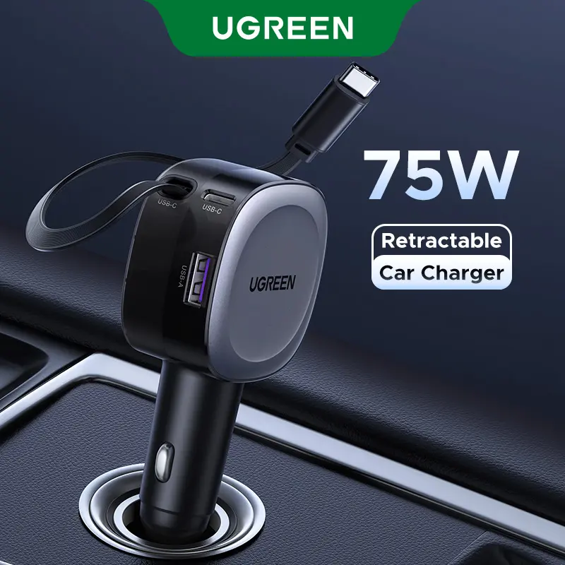 UGREEN 75W Retractable 3-Port Compact Multifunctional USB-C Car Charger, Fast Charging Adapter for iPhone 17/16, Automotive Electronics Accessory, 24-Month Support, Travel Essential Gift for Men (September Restock, TikTok Shop Back to School Deal), Multif