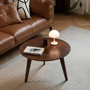 100% Solid Oak Wood Round Coffee Table,Walnut Mid-Century Round Table with Triangle Table Legs, Small Coffee Table,Vintage Style Walnut Color Solid Wood Furniture(23.62" D x 13.78" H)