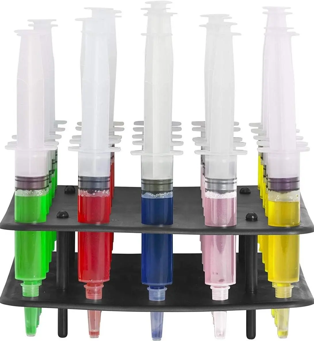 EZ-INJECT 25-Pack Jello Shot Syringes Combo with Tray/Racking Stand - 100% Safe & Reusable Plastic Syringes for Jello Shots - Perfect for Birthday, Pool Parties