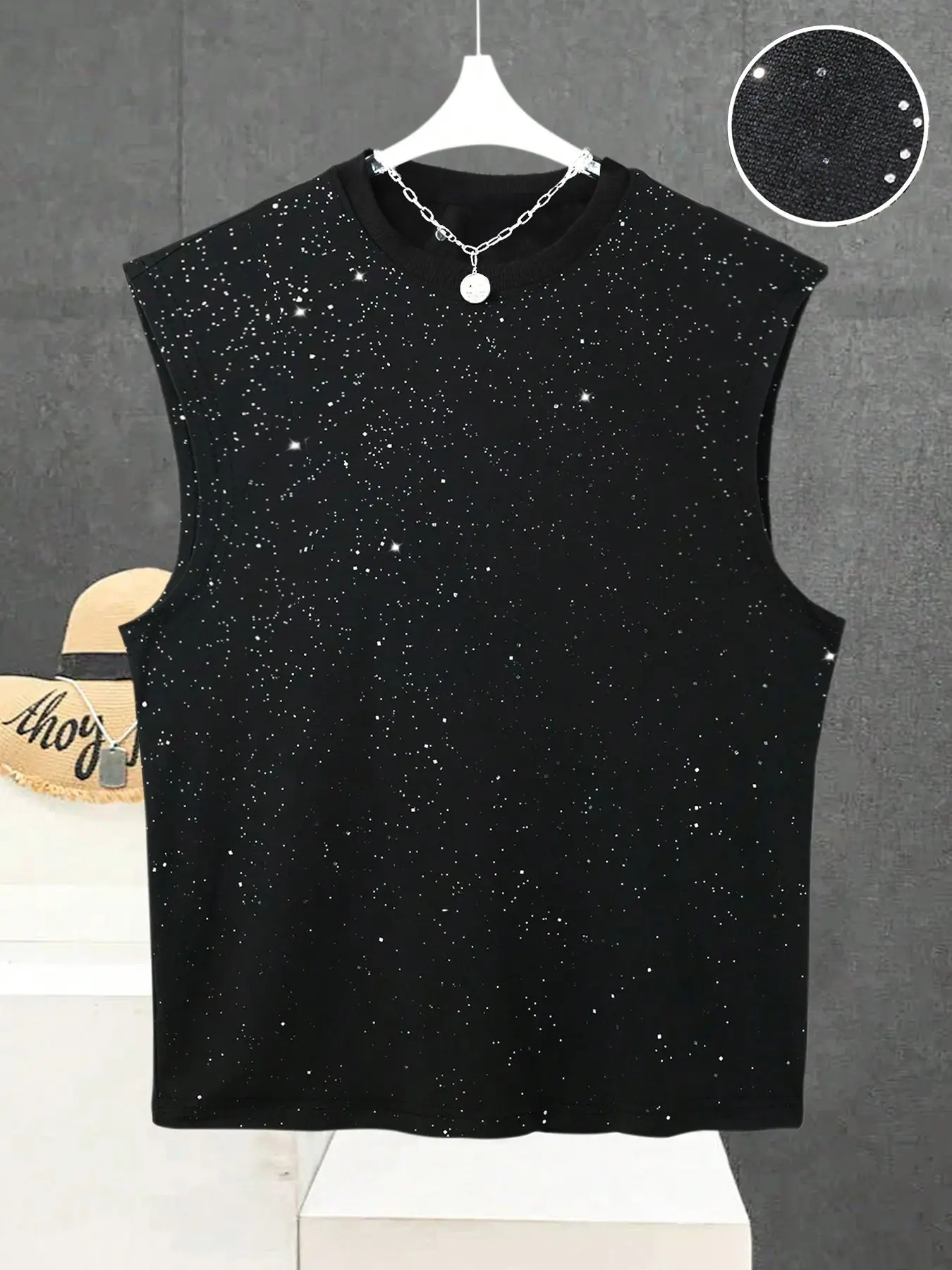 Men's Casual Plain Sleeveless Vest Tops, Full Print Fine Glitter Starry Design, Simple Style, Versatile Fit, Perfect for Students and Trendsetters, Workout Tanktop
