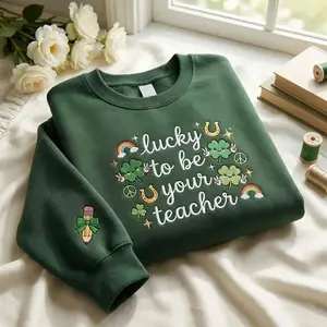 Embroidered Lucky To Be Your Teacher Sweatshirt, St Patrick's Day Teacher Shirt, St Pattys Shamrock Shirt, Irish Gift,Cute St. Patrick’s Day Shamrock Teacher Gift, Festive Rainbow & Pencil Sleeve Initial Crewneck, Aesthetic Educator Luck Hoodie