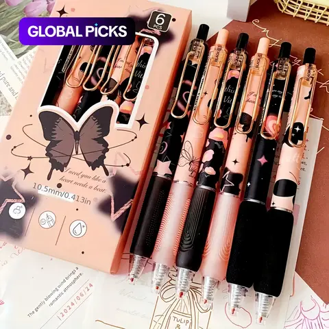 Butterfly Design Plastic Gel Pen, 6-Count Black Ink Retractable Gel Pen Set, Smooth Writing, Unique for Office, School & Students Stationery Writing Tools #GLOBAL PICKS
