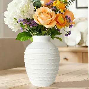 【Mother's Day】Silvanest 7.3” Ribbed White Ceramic Vase, Minimalist Pleated Pottery for Modern Home Decor, Handcrafted Matte Off-White Vase for Pampas Grass & Shelf Decor
