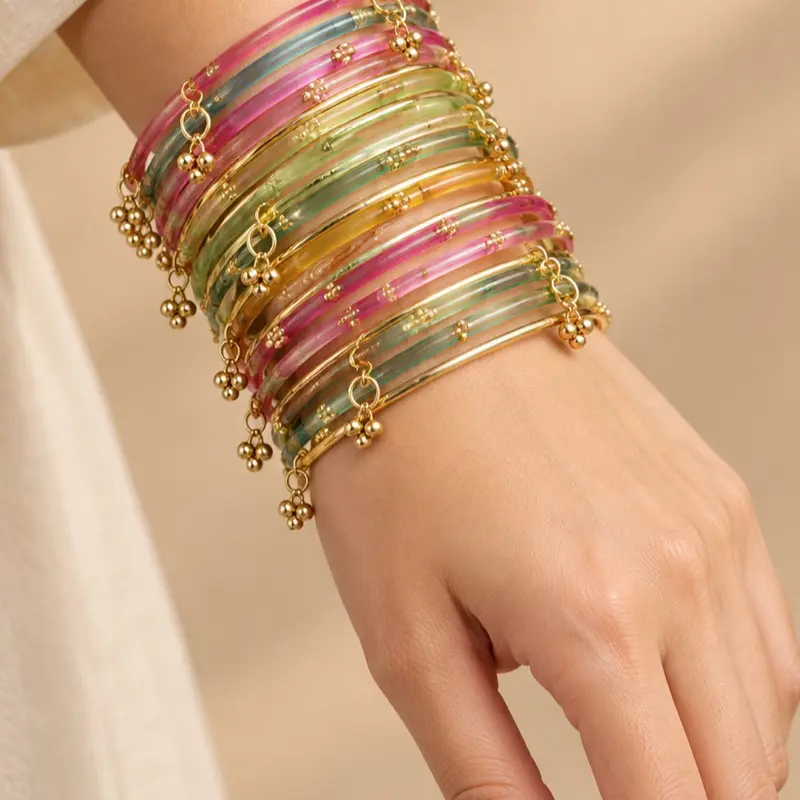 Kashmiri Bangle Sets — $15 per set!  Beautiful colors with delicate gold-tone details  Message me to choose your color and order!  Styled images are AI-generated using photos of the actual bangles.