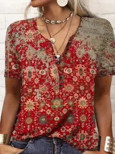 Spring Summer New Loose Casual Women's Short Sleeve Floral Printed Ethnic Fashion T-Shirt, Style, Comfortable and Stylish, Perfect for Daily Wear