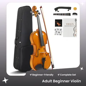 4/4 Full Size Violins Set for Adult Beginners - Basswood Top, Back and Sides, Solid Wood Fingerboard, Pegs, Chin Rest, 4 Fine Tuners, Hard Case, Bow, Shoulder Rest, Rosin, Extra Strings, Sordine, Violin Rosin, 23.43 X 8.27 X 2.76" Violin
