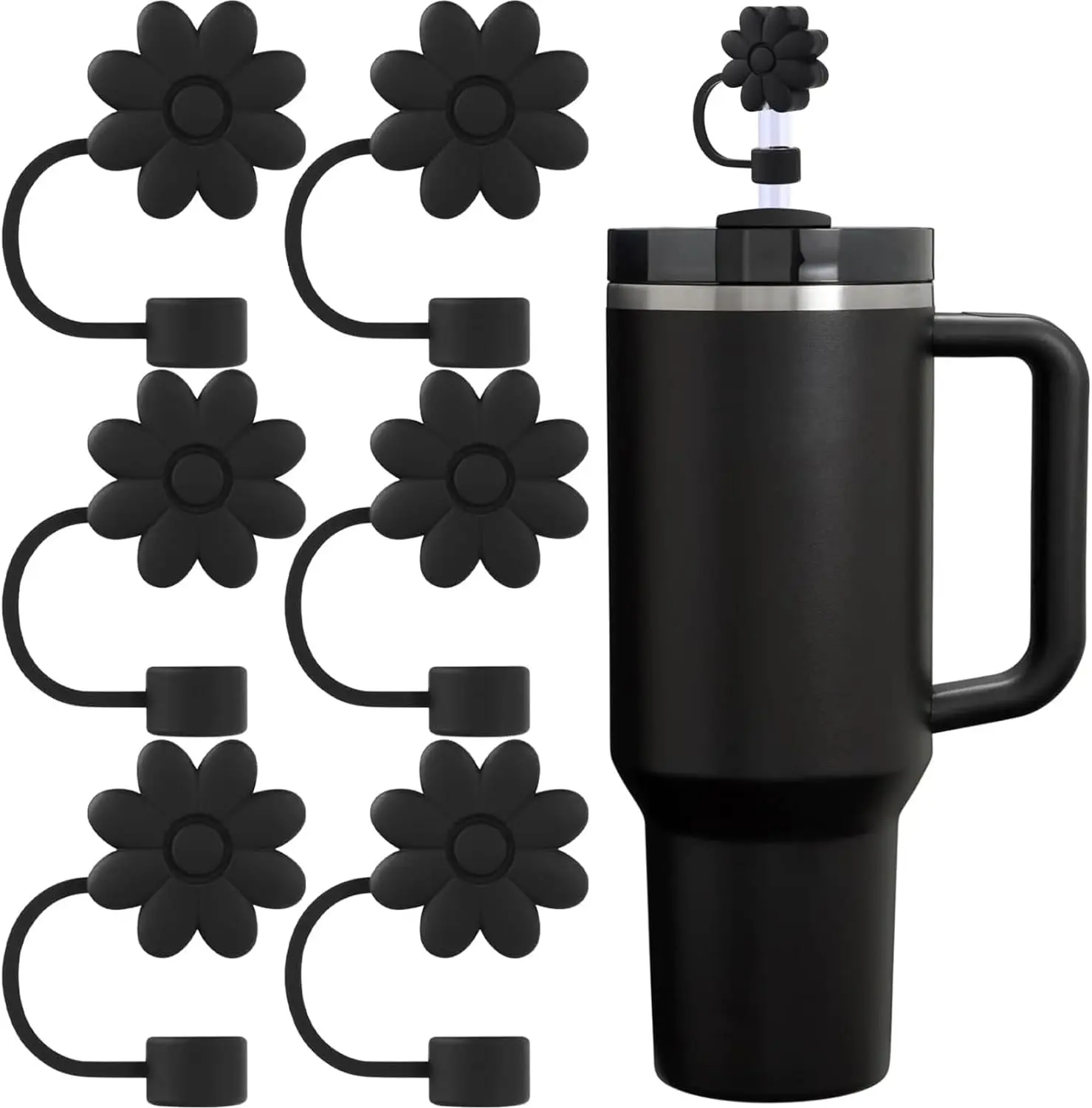 6pcs Flower Straw Cover Cap Fit for Stanley Cup, Silicone Straw Toppers Compatible with 30&40 Oz Tumbler,10mm Dust Proof Reusable Straw Tips for Stanley Cup Accessories (Black) Drinkware Mug Bottles