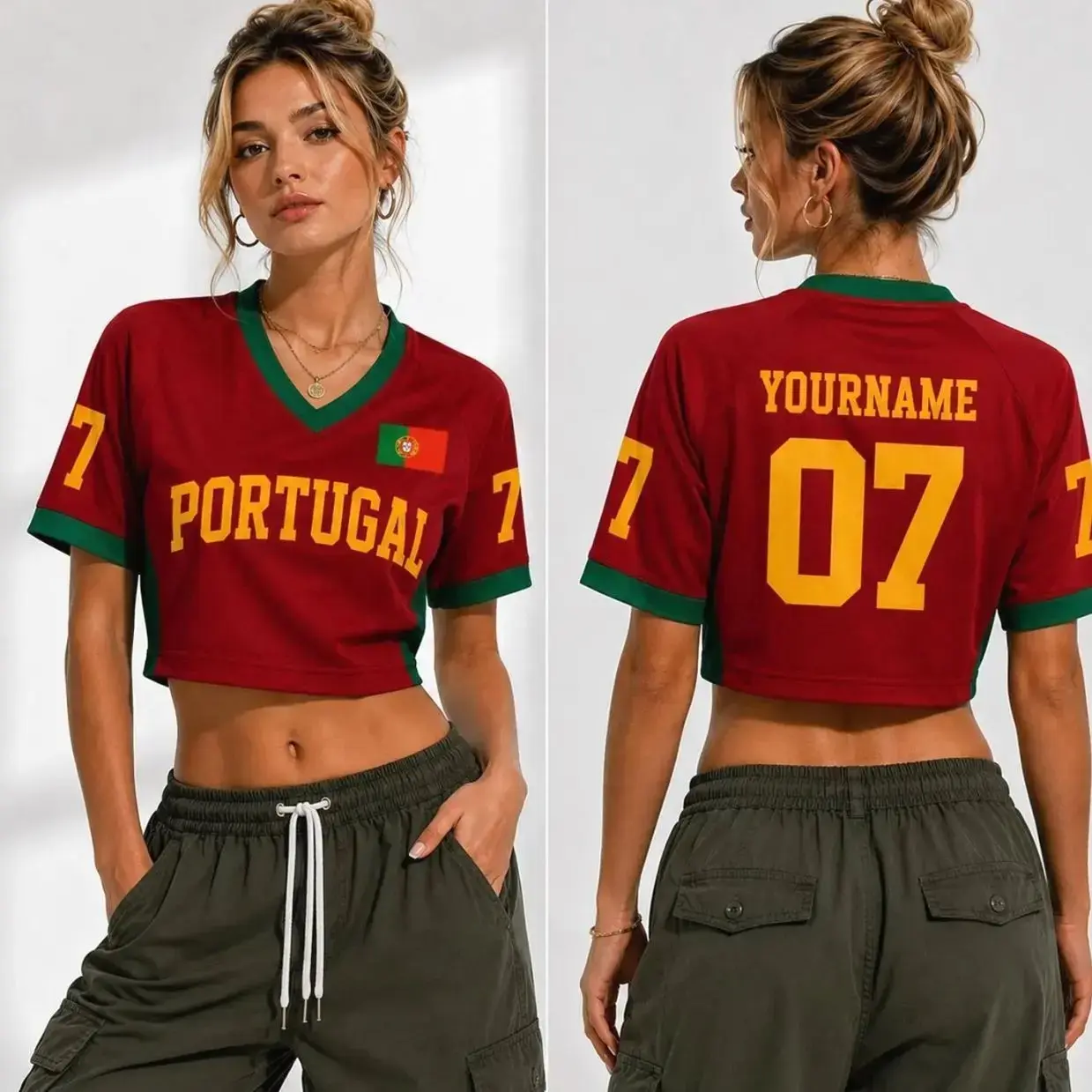 Personalized Portugal Soccer Croptop Jersey, Custom Football Shirt with Name Number, Fan Apparel, Sports Lover Gift, Game Day Outfit Womenswear
