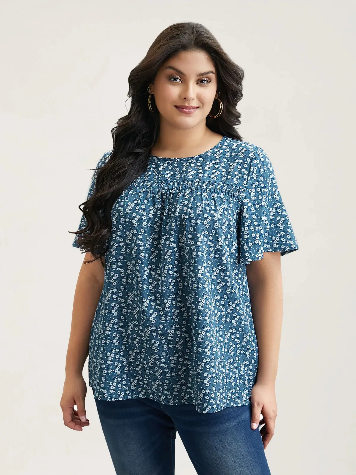BloomChic Women's Plus Size Polyester Floral Ruffle Shortsleeve Gathered Round Neck Blouse - Aegean Color, Plus Size Fashion, Watermelon Accent, Casual Stylish, Fit for Ladies [M-6X], 2026 Swimweek Spotlight, Back to School Deals, Women's Tops and Blouses