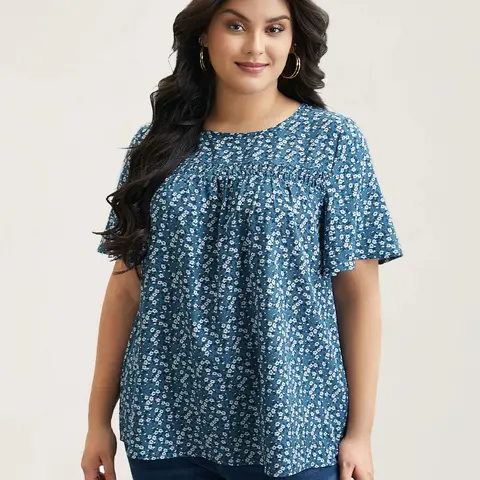 BloomChic Floral Ruffle Sleeve Gathered Round Neck Blouse 【M-6XL】