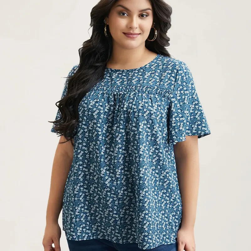 BloomChic Floral Ruffle Sleeve Gathered Round Neck Blouse 【M-6XL】